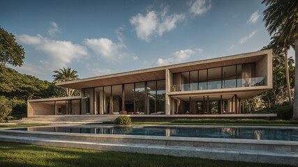 Fototapeta premium Modern luxury residence with glass facade and pool