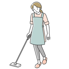 床を掃除するエプロンを着けた女性