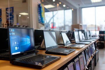 Laptops for sale on the counter in a computer store