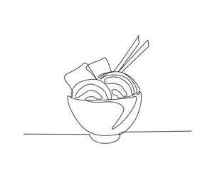 Noodles in the bowl outline drawing illustration. one continuous line drawing of ramen noodles with chopstick.
