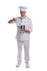 Professional pastry chef with whisk and cooking pot on white background
