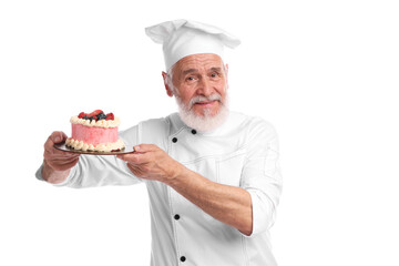 Professional pastry chef with delicious cake on white background