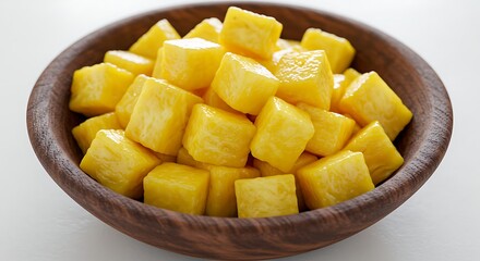 Diced Pineapple in Wooden Bowl Fresh Tropical Fruit