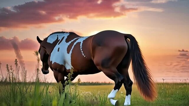 Brown and white pinto horse walking through a meadow at sunset