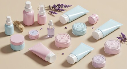 Flat lay of pastel beauty products on soft beige background.