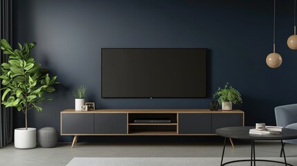 Mockup of Cabinet for TV Wall Mounted with Decoration in Living Room and Dark Blue Wall. 3D Rendering.