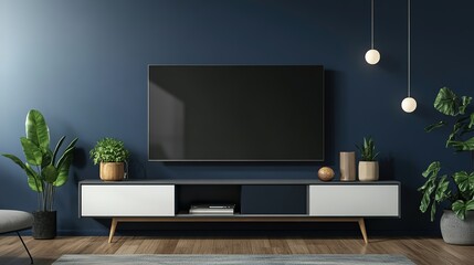 Mockup of Cabinet for TV Wall Mounted with Decoration in Living Room and Dark Blue Wall. 3D Rendering.