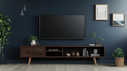 Mockup of Cabinet for TV Wall Mounted with Decoration in Living Room and Dark Blue Wall. 3D Rendering.