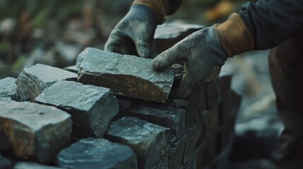 Mason laying stones to build a stone wall. Featuring masonry work