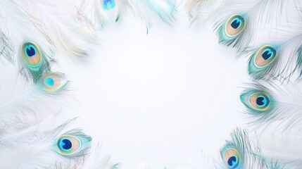 Obraz premium Peacock Feathers Creating a Frame Against White Backdrop. Vibrant Iridescent Plumage for Creative Designs and Fashion.