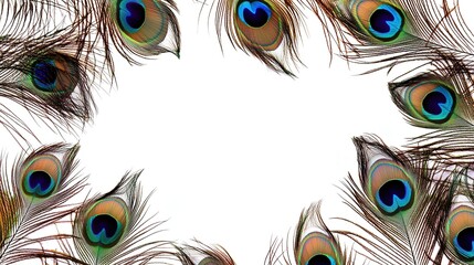 Obraz premium Peacock Feathers Creating a Frame Against White Backdrop. Vibrant Iridescent Plumage for Creative Designs and Fashion.