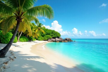 Soothing blue waters caress the curve of a secluded cove lined with swaying palm trees and fine powdery sand , blue, sandy