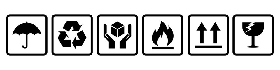 Set of fragile care sign for packing. Warning symbols. Vector illustration isolated on white background
