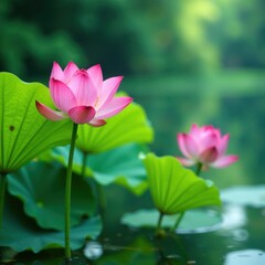Soft focus of lotus flowers in serene lake environment, flower, peaceful