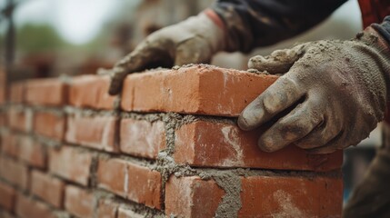 Mason placing bricks on a wall at a building site. Featuring masonry work