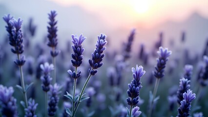 A serene field of lavender flowers, basking in soft sunlight, creates a tranquil and beautiful atmosphere.