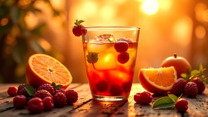 A refreshing drink with ice and berries, accompanied by vibrant oranges, set against a warm, glowing backdrop.