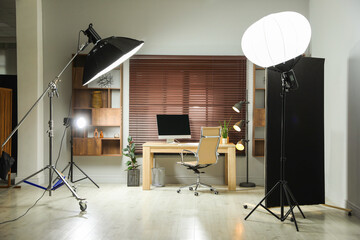 Real estate shooting. Professional photo studio equipment in office