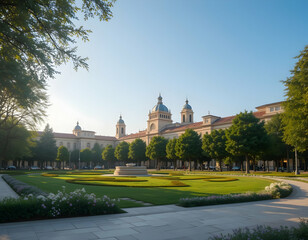 Obraz premium Elegant Building with Trees and Greenery Under Clear Blue Sky