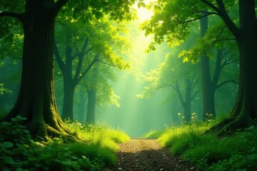 Obraz premium Soft sunlight filters through a lush green forest canopy, soft light blurred background, canopy