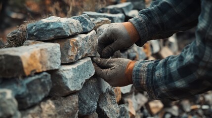Mason repairing a stone fence at a farm. Featuring fence repair