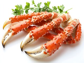 Freshly cooked succulent king crab legs arranged on a white background garnished with fresh parsley ready to be served.