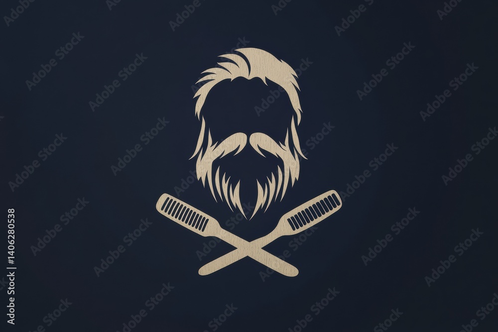 Poster stylized beard logo featuring crossed scissors and comb on flat dark background for barbershop brand