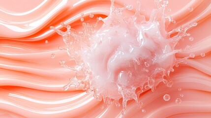 A pink, glossy liquid splash creates dynamic wave patterns across a smooth surface