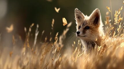 Obraz premium Adorable fox kit amidst tall grass, butterflies fluttering nearby