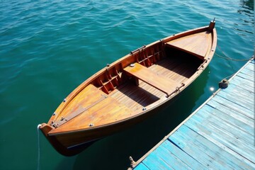 Classic wooden fishing boat on blue striped dock, blue, boat