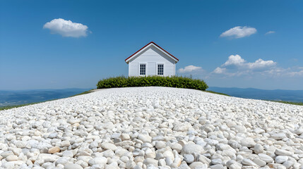 Serene coastal chapel white sand dune ocean view peaceful landscape photography