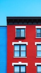 Obraz premium Vibrant building facade with blue, red hues, geometric window patterns & clear sky above