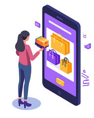 Online shopping, digital selling, ecommerce process, and customer experience through modern illustrated scenes on white background.