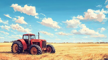 Obraz premium Vintage Red Tractor in Sunlit Farm Field with Scattered Clouds: Rural Agricultural Life, Pop Art Comic Book Style Imitation