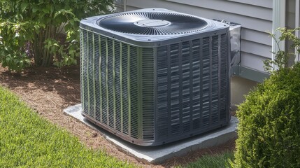 Air conditioner condenser unit installed outside a commercial building, showcasing sleek metallic surfaces and cooling vents