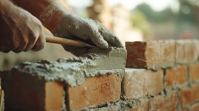 Mason using a trowel to apply mortar to a brick wall. Featuring masonry tools and construction