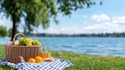 Picnic basket grapes juice lake outdoors relaxation leisure healthy eating summer activities
