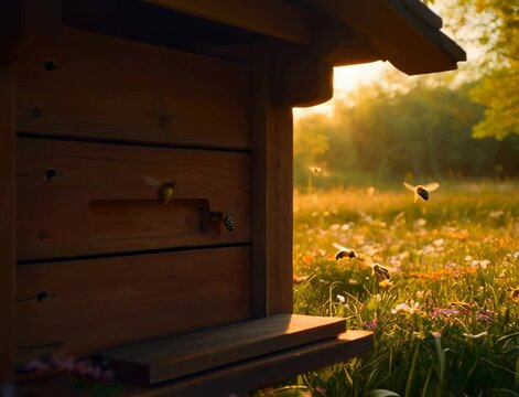 Ruche artisanale en bois dans un champ fleuri au coucher du soleil