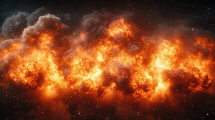 Eruptive flames and smoke fill a dark sky, with embers scattered, capturing dynamic movement and intense heat