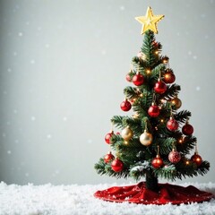 Christmas tree with festive ornaments and lights against a snowy white background , Christmas, holly, decor