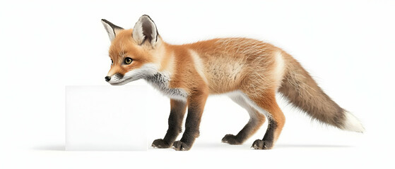 Fototapeta premium Curious Young Red Fox Cub Exploring Transparent Rectangular Object On White Background In Studio With Natural Lighting