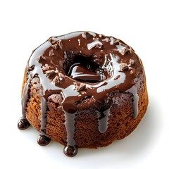 Delicious chocolate lava cake dessert with rich ganache topping and chocolate shavings isolated on white background.