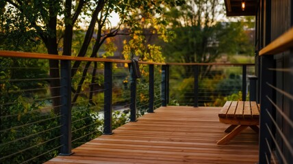 Fototapeta premium Serene wooden deck overlooking lush greenery at sunset.