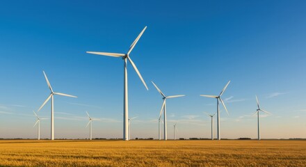 Serene Landscape with Wind Turbines Generating Clean Energy under a Vast Blue Sky