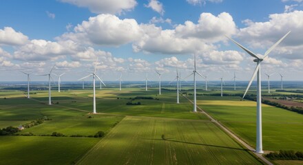 Aerial View of a Vast Wind Farm Generating Clean Energy Across Lush Green Fields Under a Bright Sunny Sky