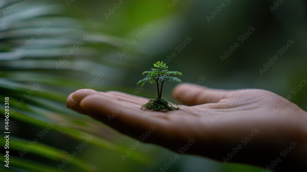 Poster Tiny tree nurtured in an open palm symbolizes care for nature and the importance of environmental protection in a serene setting