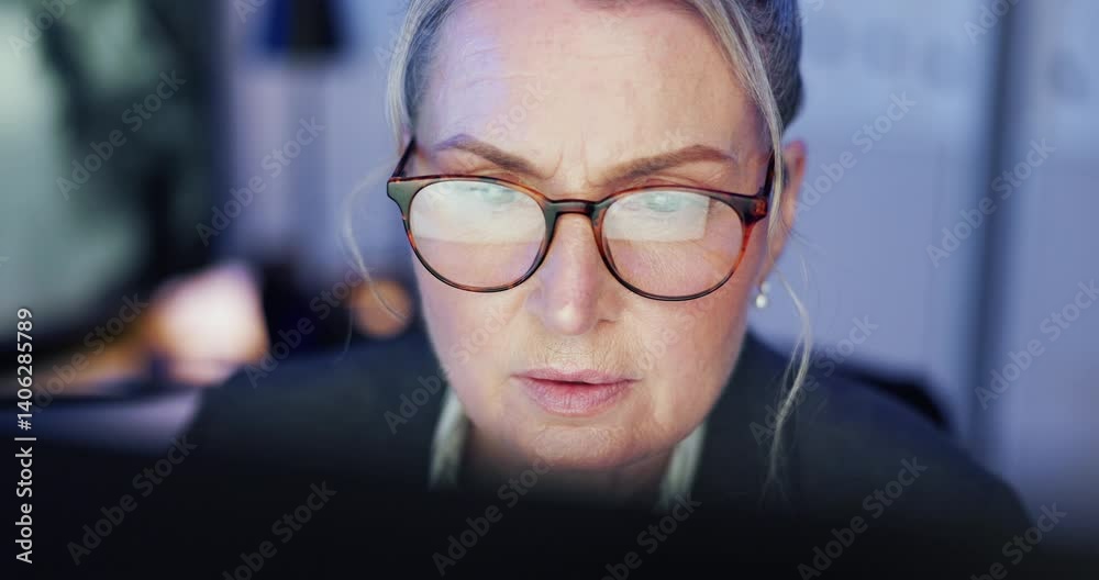 Poster Cybersecurity, reading and computer with woman in office for server, software encryption and cloud protection. Data breach, glasses and hacker prevention with mature person at night for IP tracking