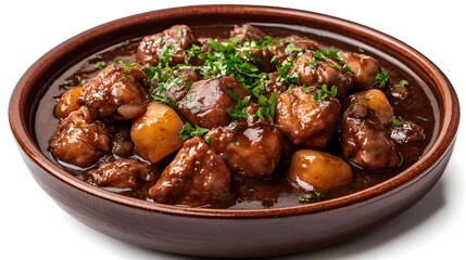 Delicious hearty beef stew with potatoes in a rich brown gravy served in a rustic brown bowl against a white background.