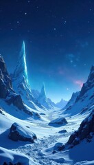 Snowy asteroid landscape with towering ice crystals and starlight glow, winter wonderland, space