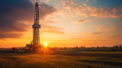 Magnificent sunset illuminates oil drilling rig in golden field